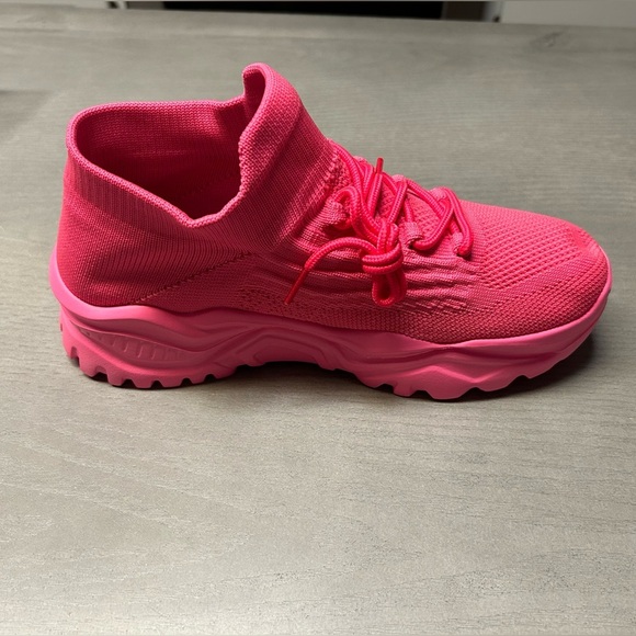 Chunky Sneakers For Women, Neon Pink Knit Detail Lace-Up Front Sneakers NWOT - Picture 7 of 9